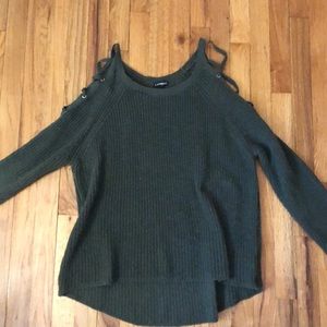 Express sweater, off the shoulder crossed string